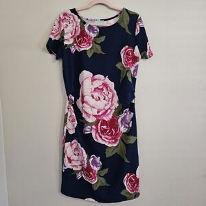 Liz Lange Maternity Pink Floral Navy Dress Stretch Pregnancy Baby Shower Large